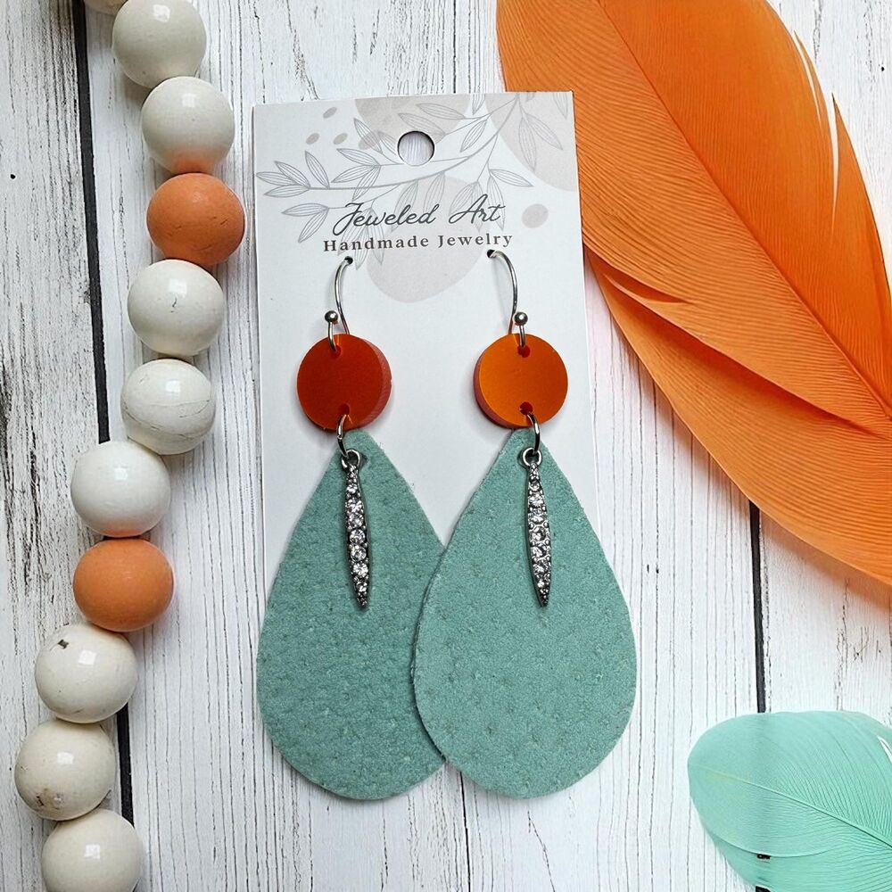 Hand-Painted Showgirl Inspired Turquoise Teardrop Glitter Accent Earrings - Picture 3 of 5